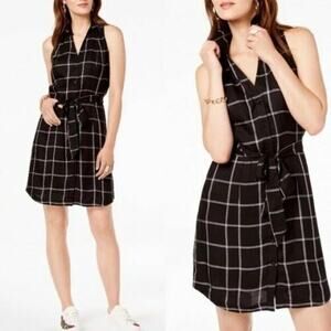 NWT INC Shirt dress Women's 4 Tie Waist Sleeveless Plaid Button down Lined
